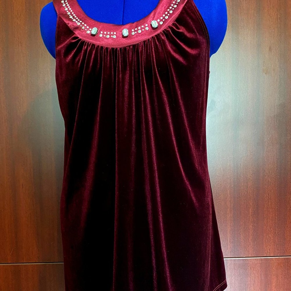 Burgundy Satin, Rhinestones & Velvet Top